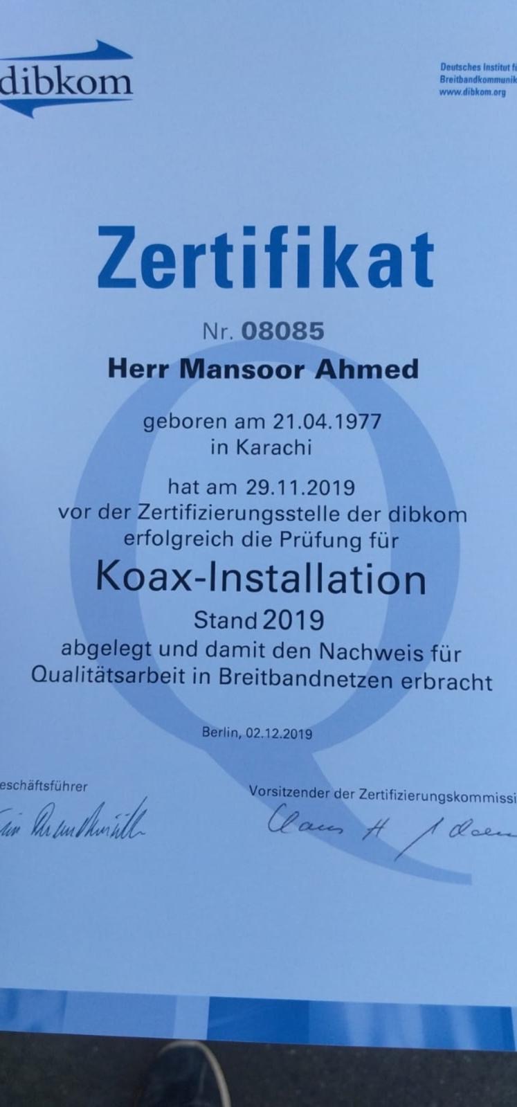 Zertifikat Koax Installation